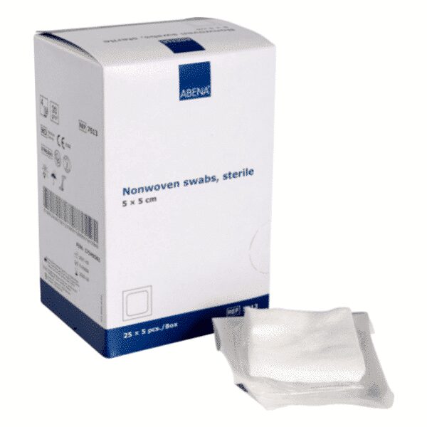 ABENA kuitutaitos 5×5 cm – steriili 4-kerroksinen taitos haavanhoitoon, 5 kpl/pussi